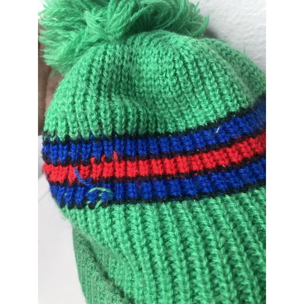 Vintage Ribbed Knit Beanie Kelly Green Winter Ski Hat Big Pom Pom Retro - Picture 3 of 8